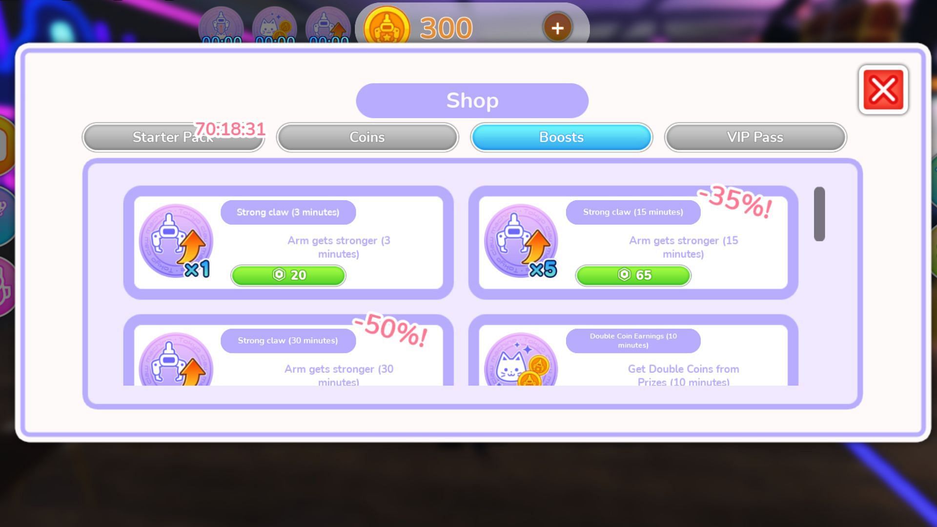 Boosts in Tokyo Claw Machine (Image via Roblox)